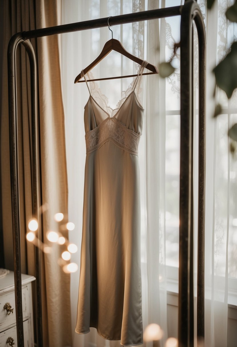 A silk slip dress hanging on a vintage coat rack, surrounded by soft, romantic lighting and delicate lace details