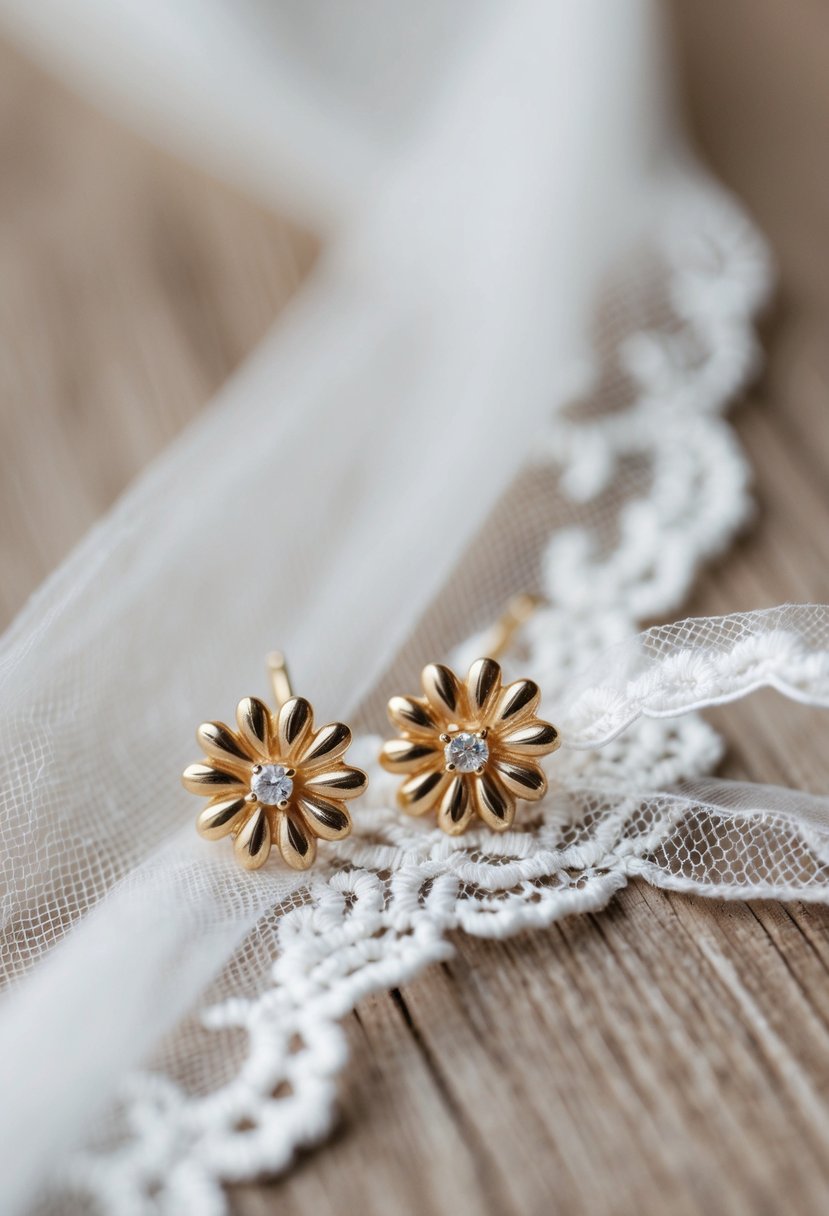 A pair of delicate gold stud earrings on a white lace bridal veil