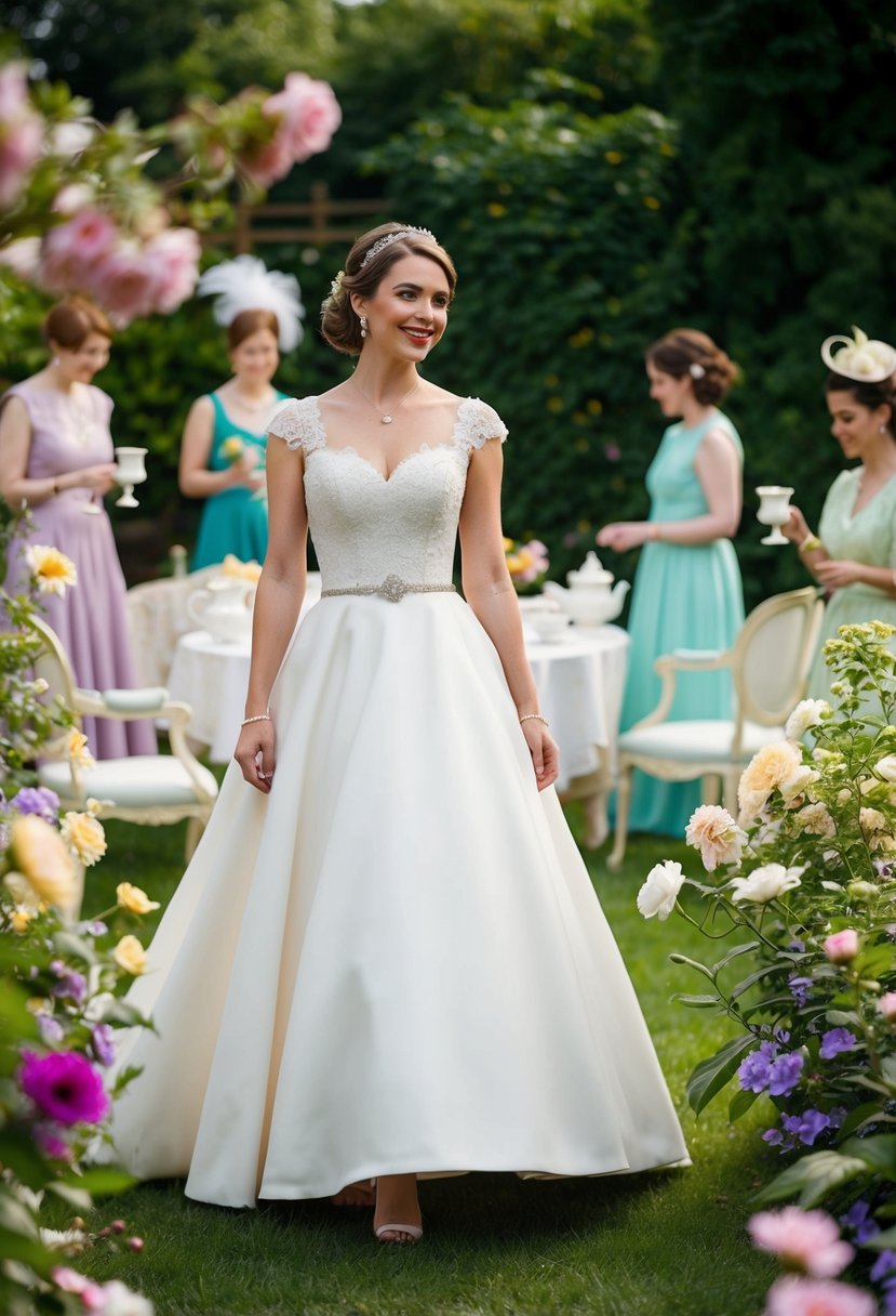 A garden party with a tea-length 00s wedding dress, surrounded by blooming flowers and vintage tea sets