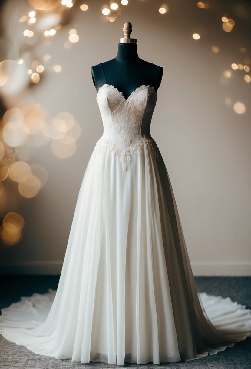 A vintage-inspired A-line wedding dress with a sweetheart neckline, delicate lace details, and a flowing skirt