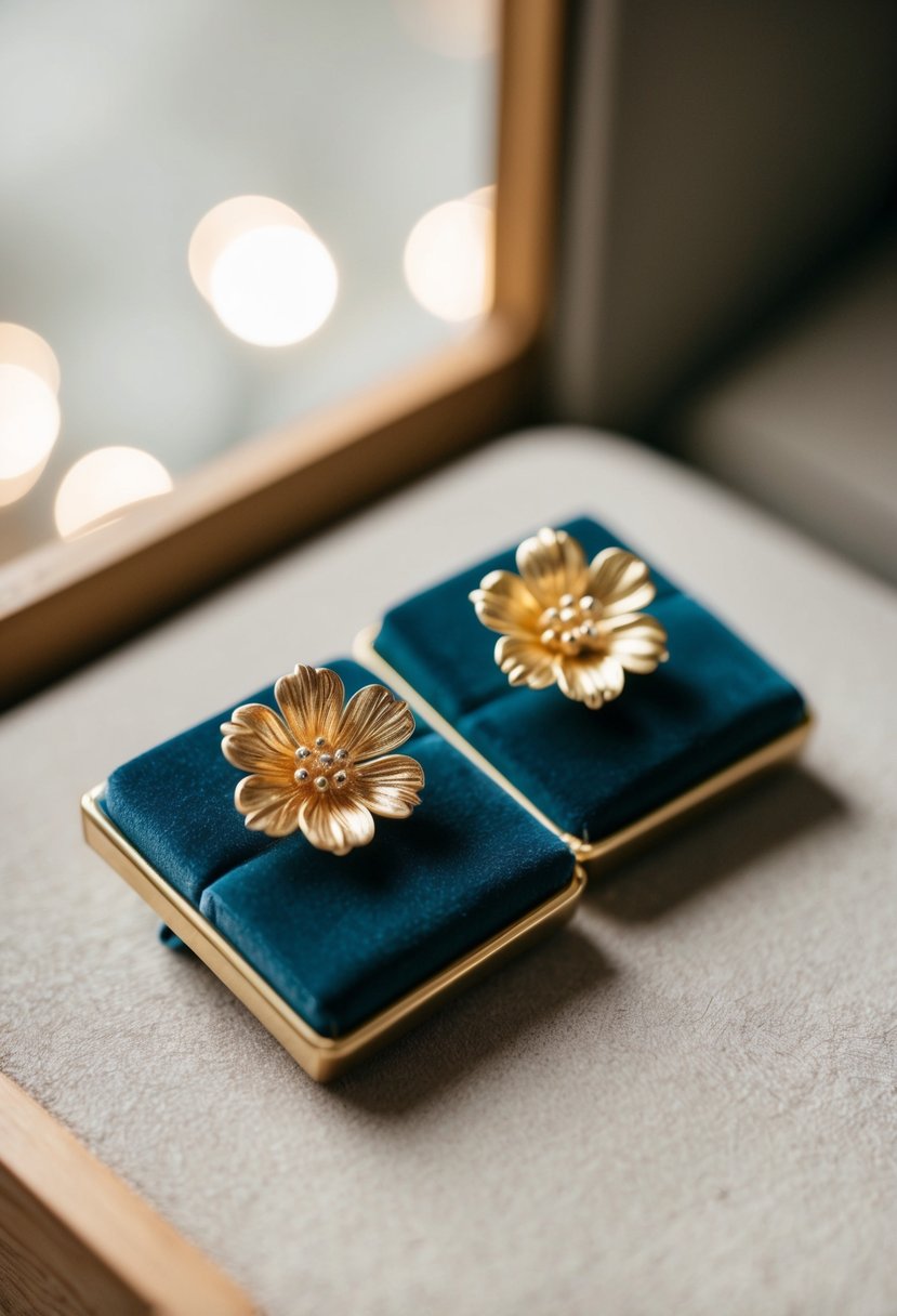 A pair of delicate gold floral earrings resting on a velvet cushion, with soft lighting highlighting their intricate details