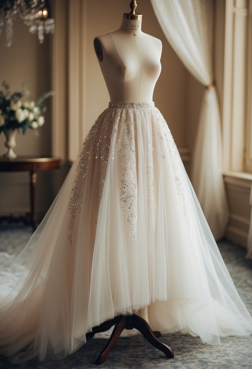 A delicate tulle skirt with a drop-waist, adorned with intricate lace and shimmering sequins, flowing gracefully in a vintage-inspired wedding setting