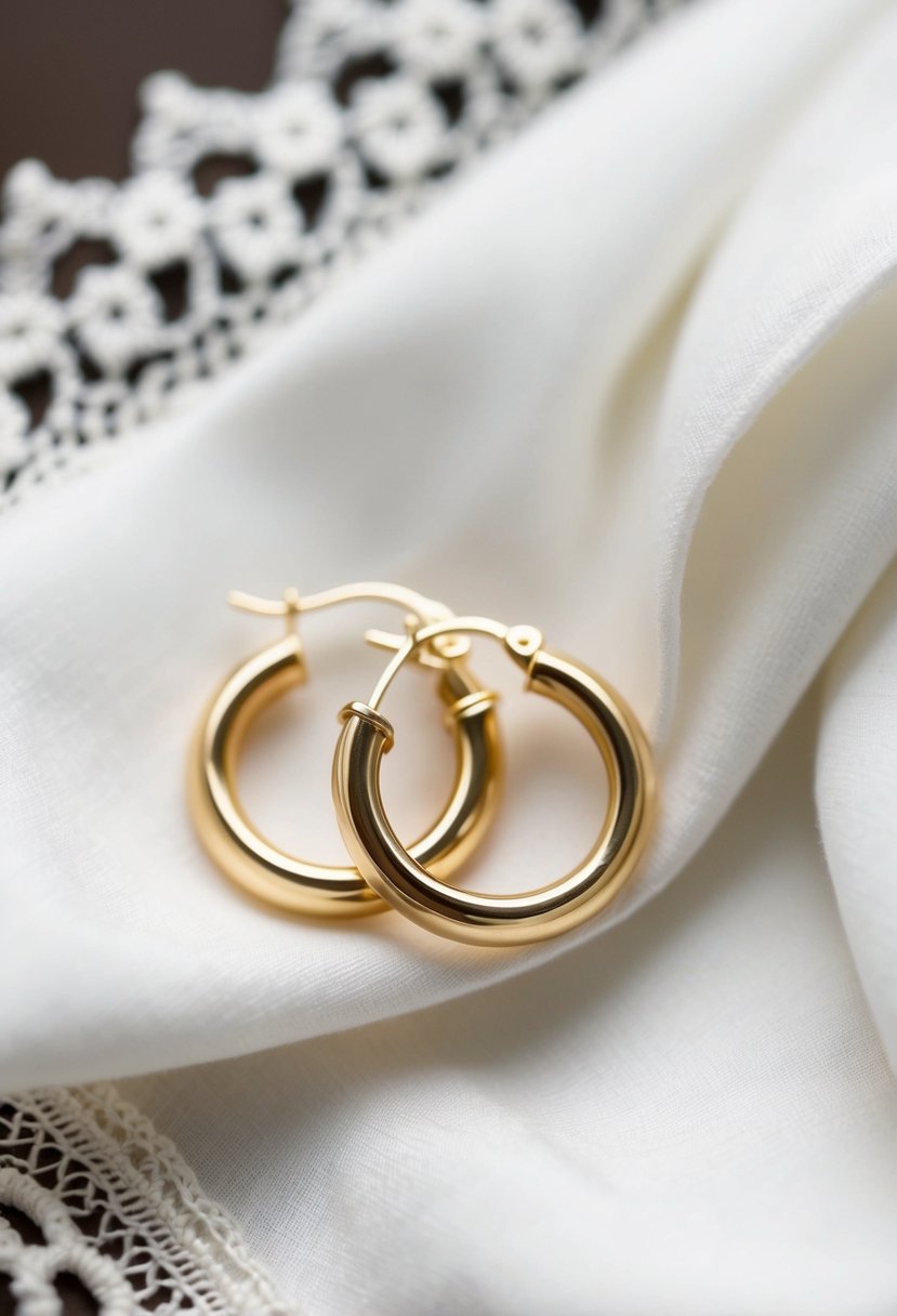 A pair of dainty gold hoop earrings resting on a piece of soft, white fabric, with a delicate lace trim in the background