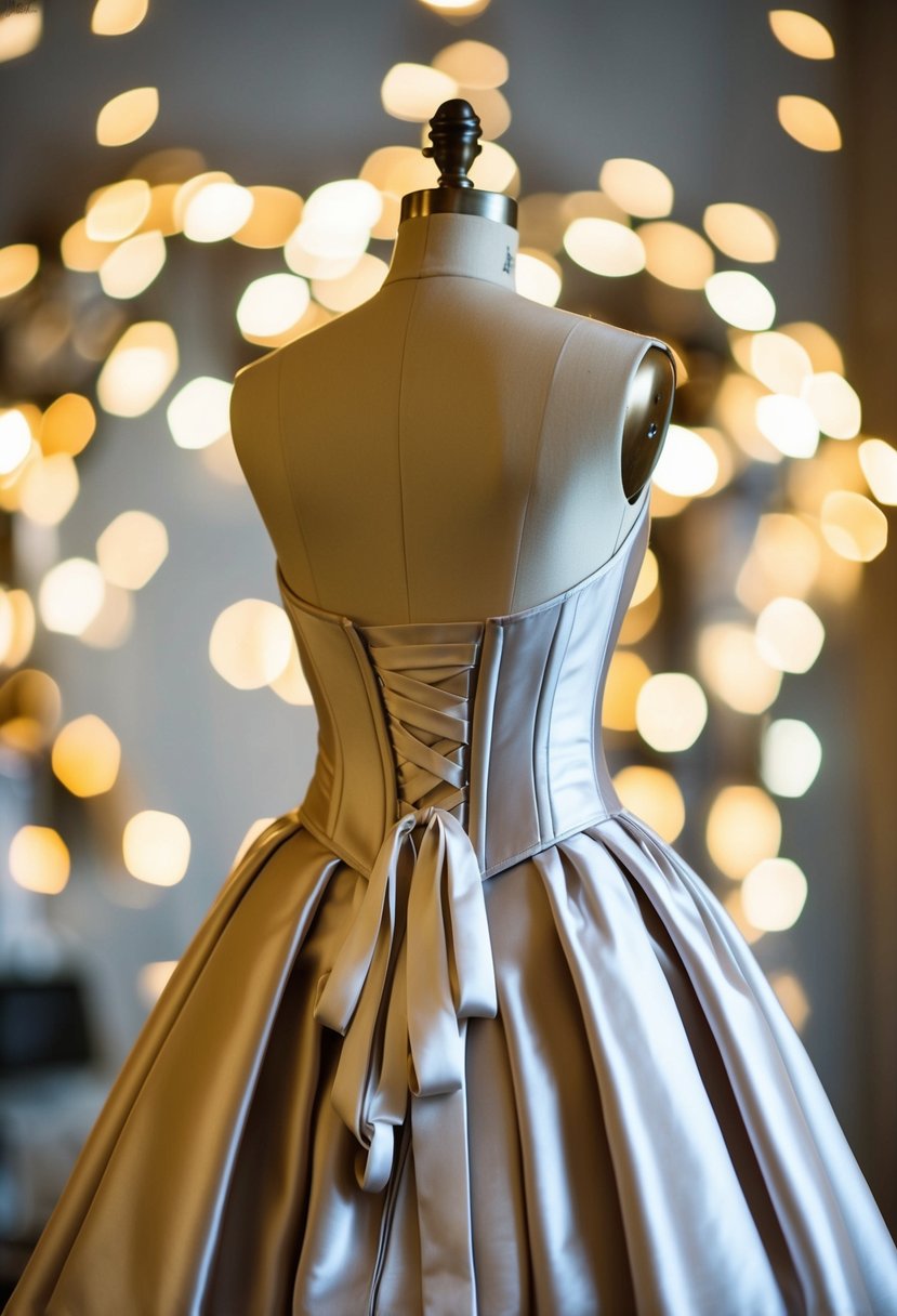 A satin gown with a corset back, draped over a vintage mannequin