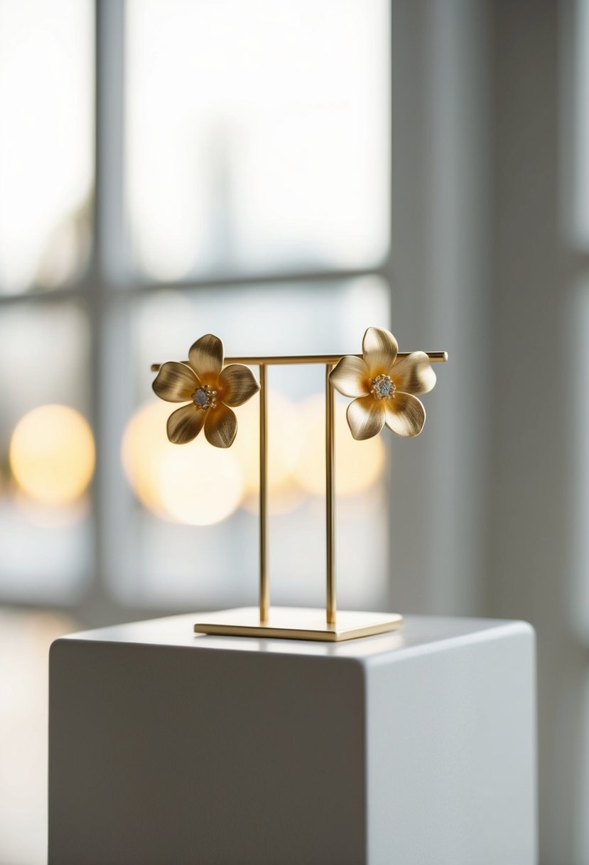 A pair of delicate gold flower earrings displayed on a simple white pedestal, with soft lighting highlighting their elegant design