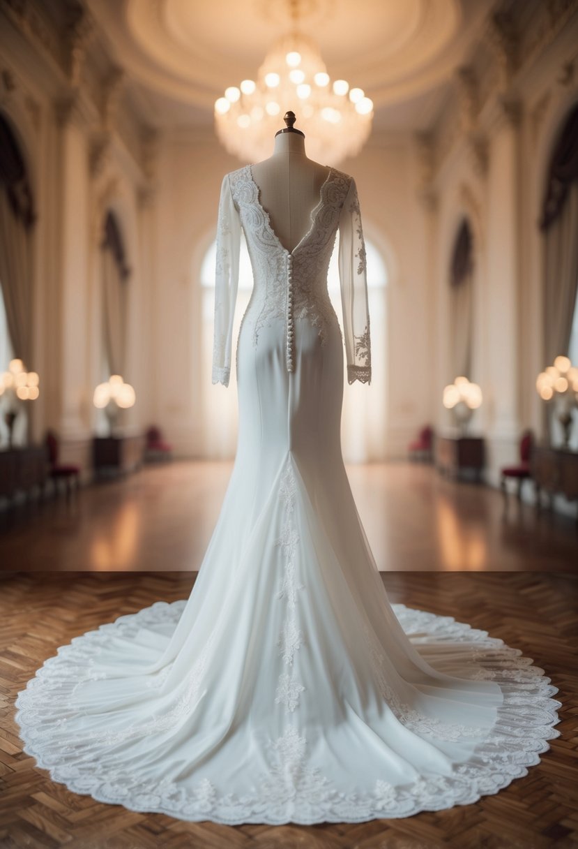 A vintage-inspired long sleeve wedding dress with intricate lace details and a flowing train, set against a backdrop of a grand, ornate ballroom