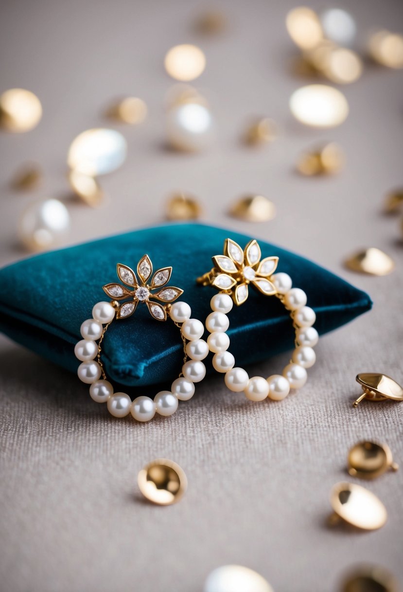 A pair of elegant gold earrings adorned with pearls and rhinestones, resting on a velvet cushion