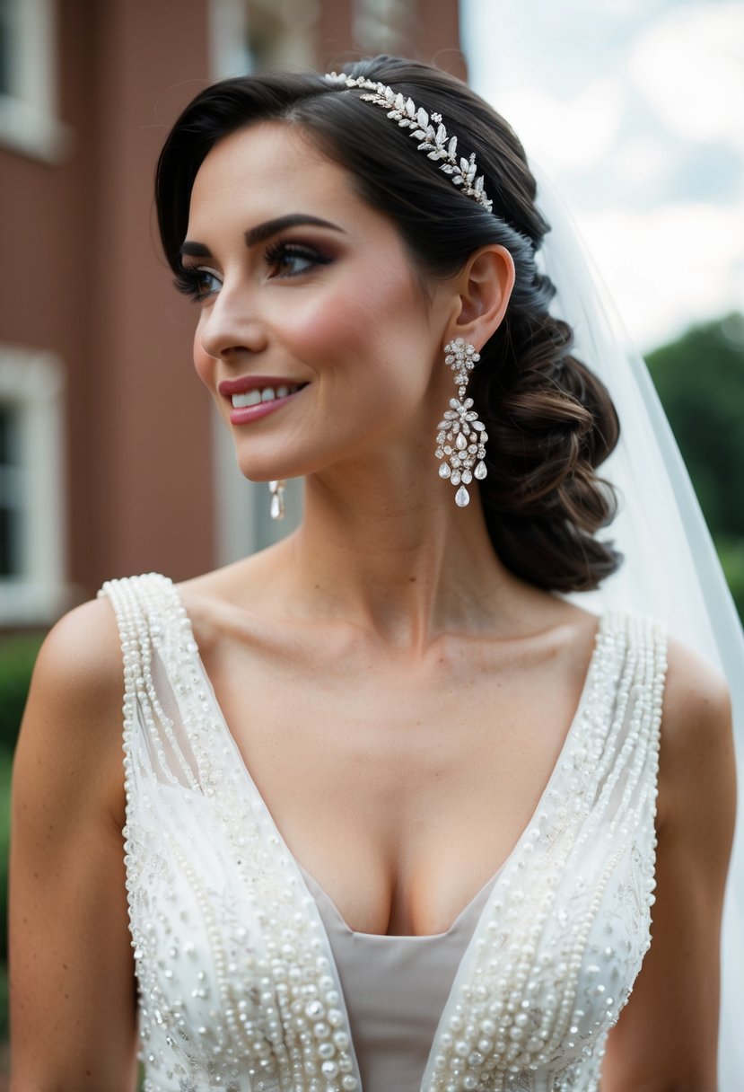 A bride wearing a v-neck dress with elegant drop earrings, featuring delicate pearls and sparkling crystals, adding a touch of glamour to her wedding ensemble