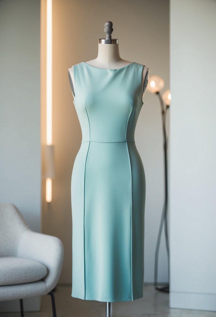 A simple, sleek crepe dress with clean lines and a subtle sheen, set against a backdrop of minimalist decor and soft lighting