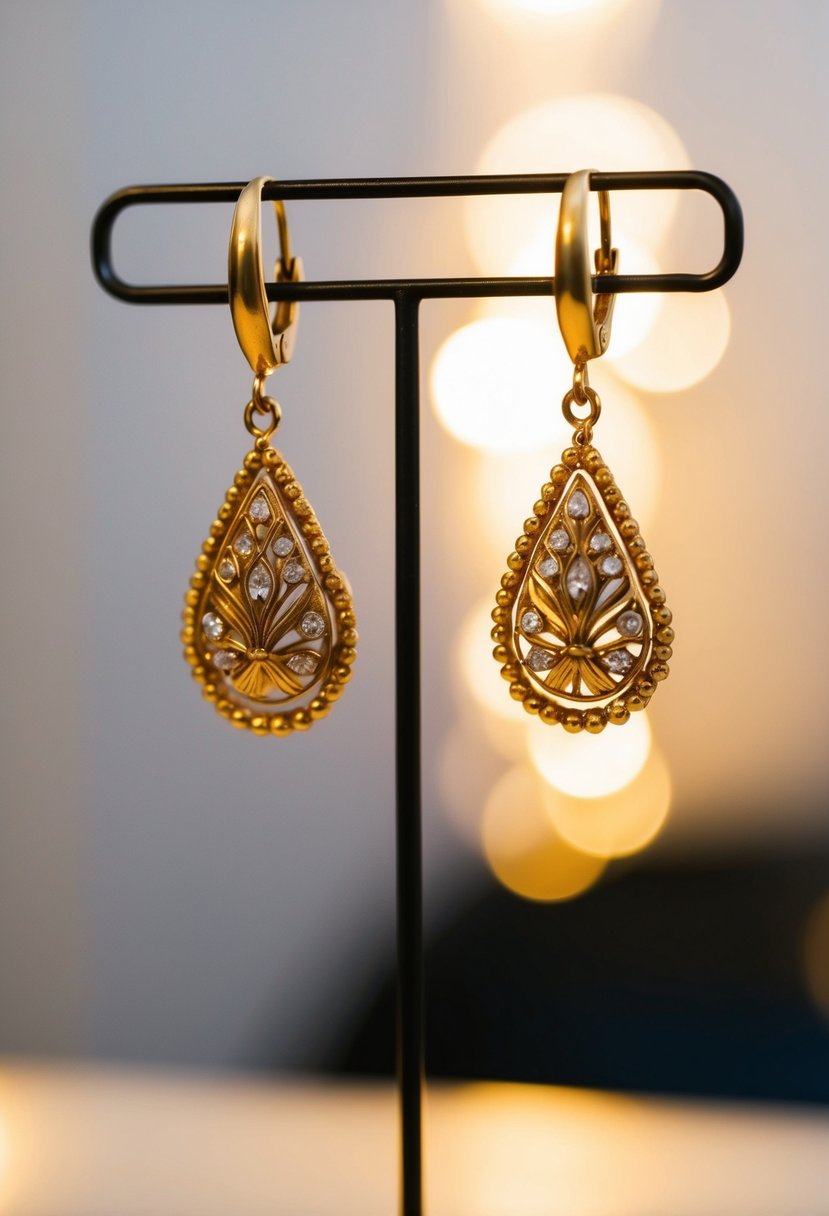 Two elegant vintage gold dangle earrings hanging from a simple display, with soft lighting casting a warm glow on them