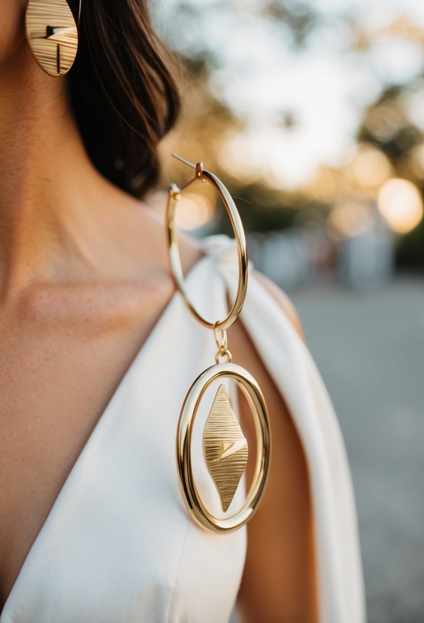 A gold oval earring with a swoosh design, hanging from a large hoop, paired with a v-neck wedding dress