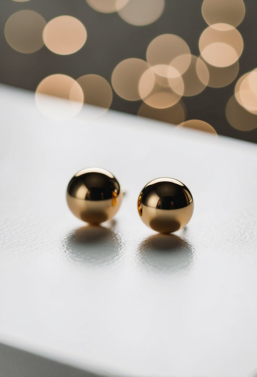 Two simple gold stud earrings on a white surface