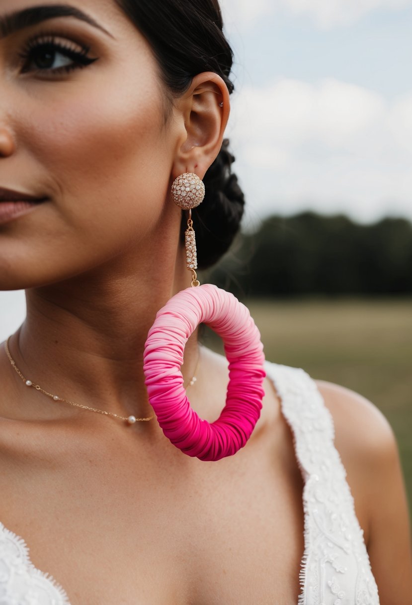 A close-up of a Rellery Pink Ombre Huggie earring against a backdrop of a v-neck wedding dress