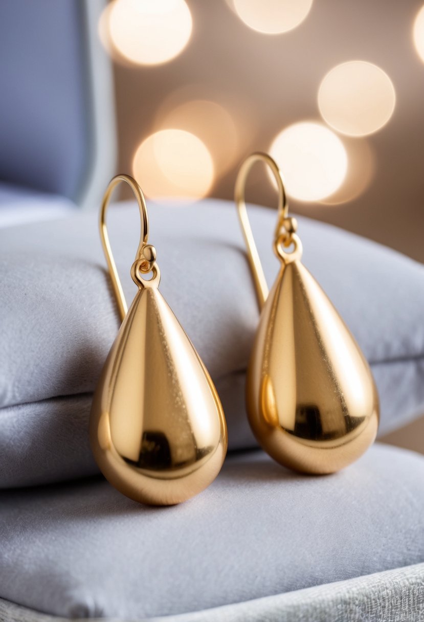 A pair of delicate golden teardrop earrings, resting on a soft velvet cushion, with a subtle sparkle catching the light