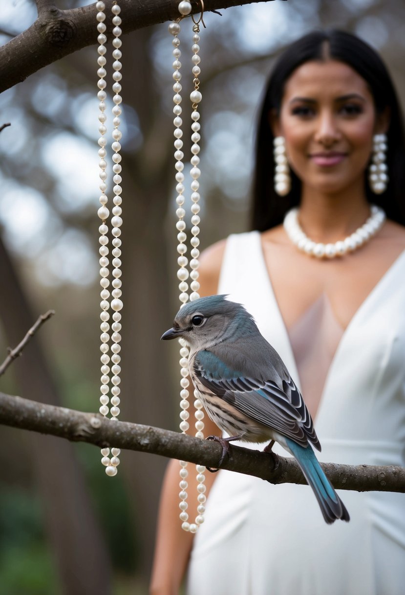 A catbird perched on a branch, surrounded by long pearl shower earrings, with a v-neck dress in the background