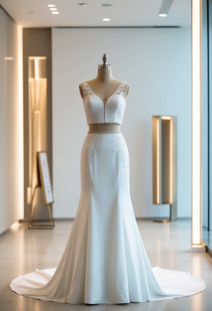 A modern two-piece wedding dress displayed on a mannequin in a minimalist showroom with sleek decor and soft lighting