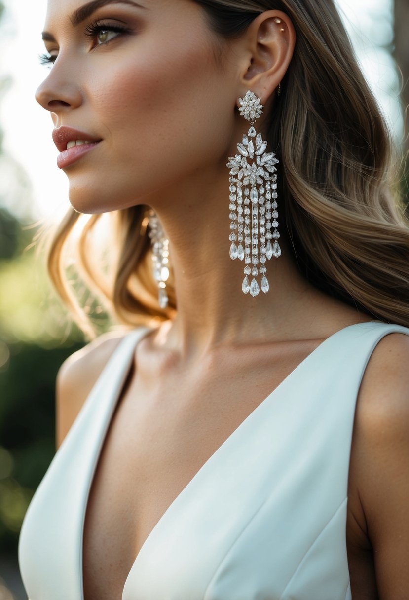 A v-necked dress adorned with chandelier earrings, featuring sparkling crystals cascading down from the earlobes