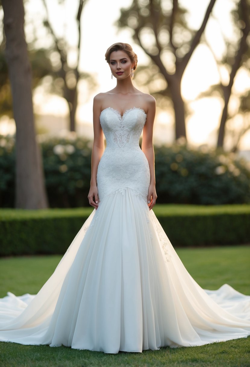 An elegant, strapless 00s wedding dress with an elongated waist silhouette, adorned with delicate lace and a flowing train