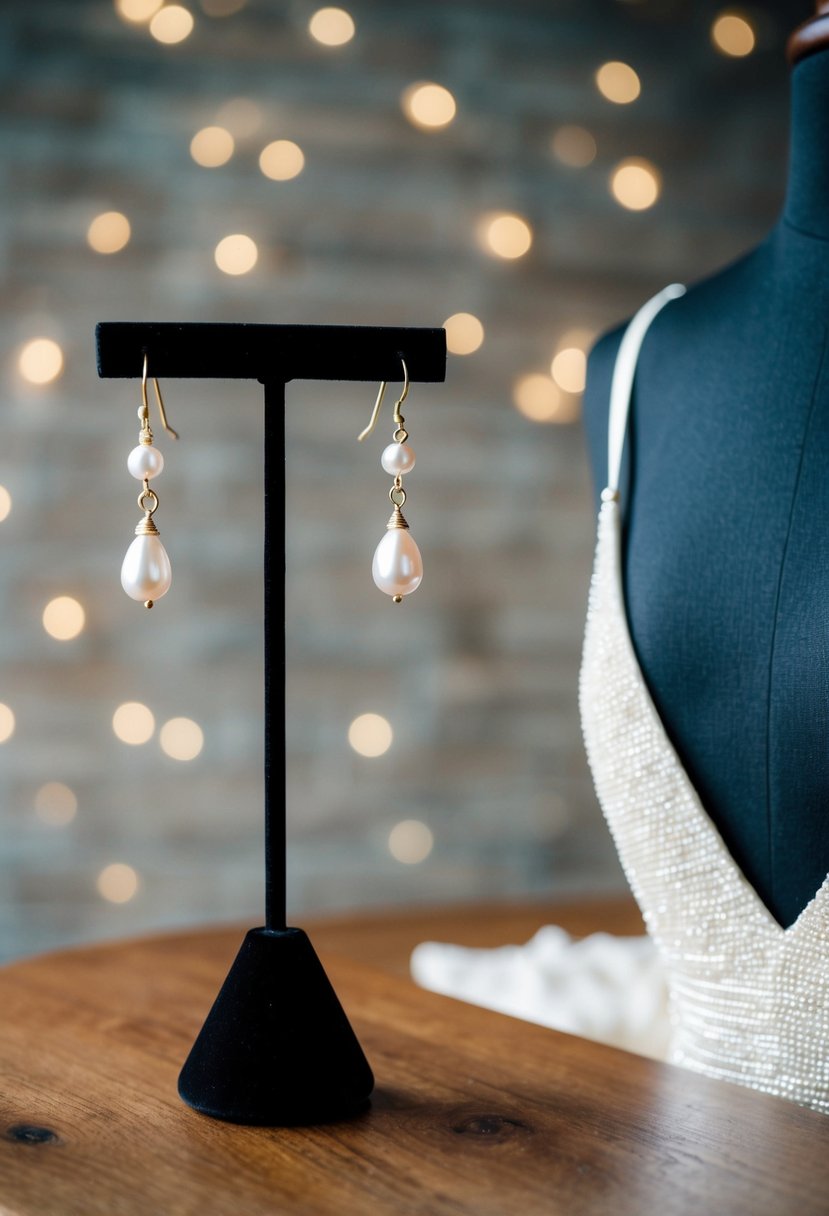 A pair of delicate pearl drop earrings hanging from a jewelry stand next to a v-neck dress on a wooden table