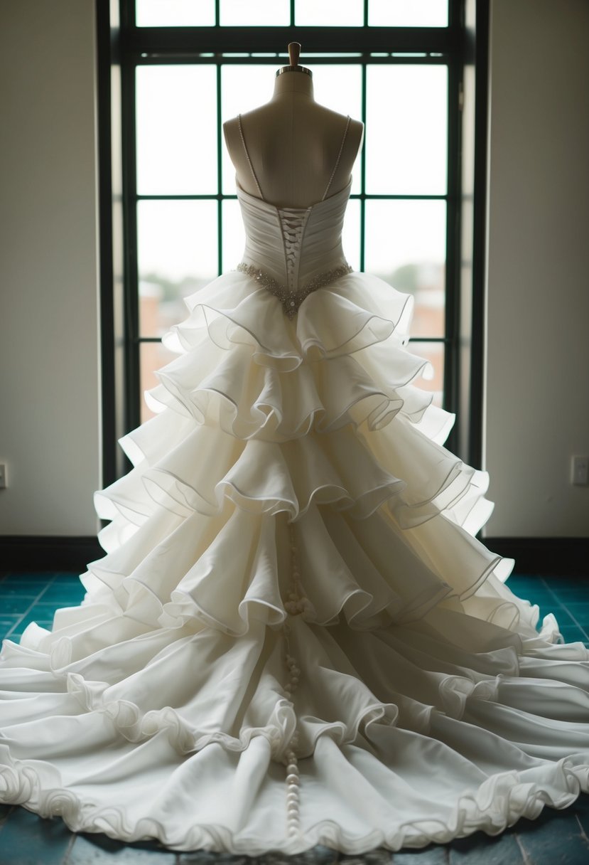 A flowing, layered wedding dress with ruffled details cascading down the skirt, reminiscent of early 2000s romantic fashion