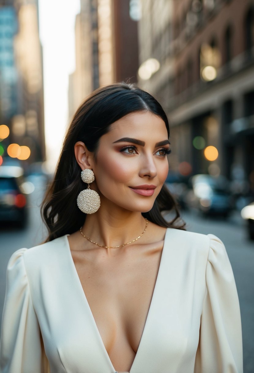 A v-neck dress with oversized stud earrings, elegant and eye-catching