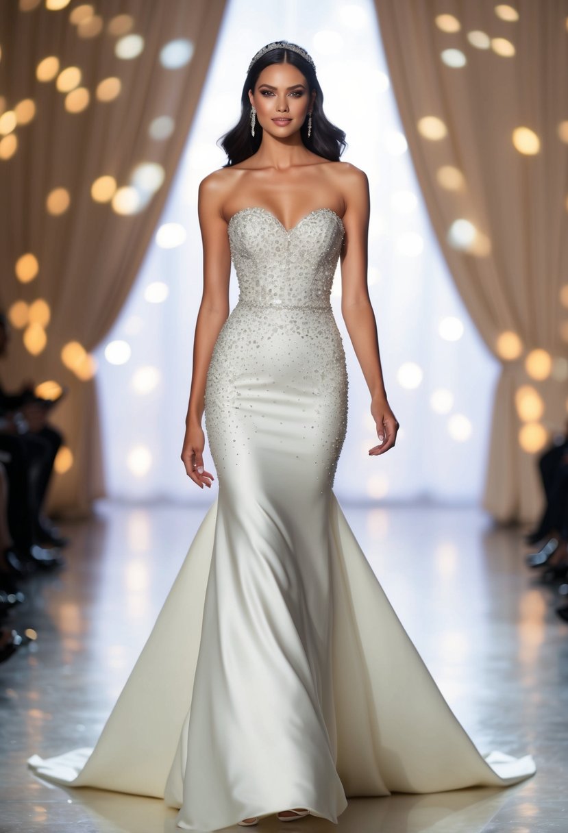 A sleek, strapless wedding gown with a form-fitting bodice, embellished with shimmering sequins and a flowing, floor-length skirt