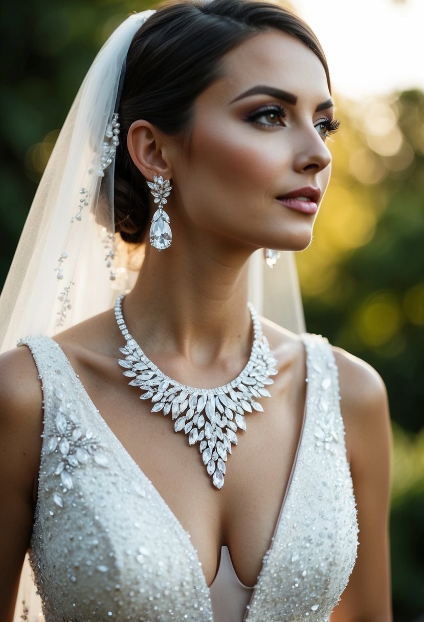 A sparkling Swarovski Mesmera necklace paired with elegant wedding earrings complements a deep v-neck dress, creating a sophisticated and glamorous bridal look