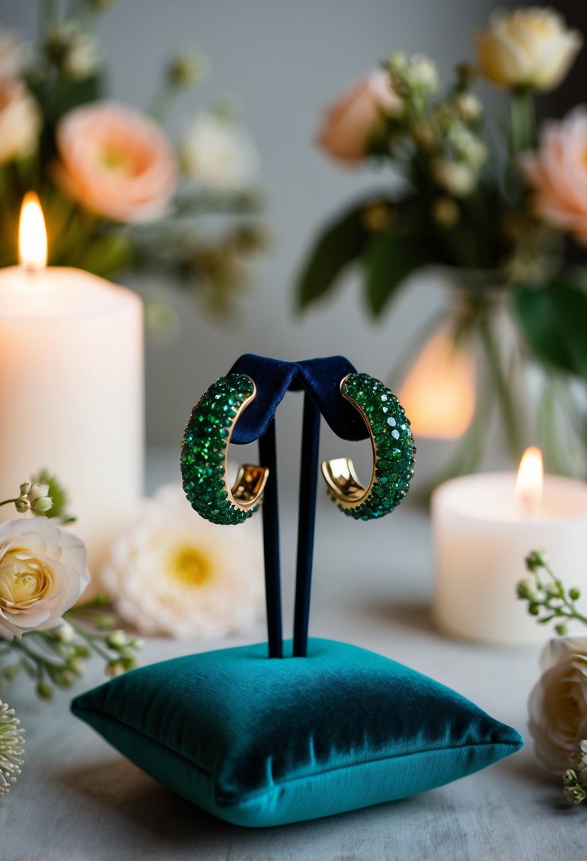 A pair of sparkling green earrings displayed on a velvet cushion, surrounded by delicate floral arrangements and soft candlelight