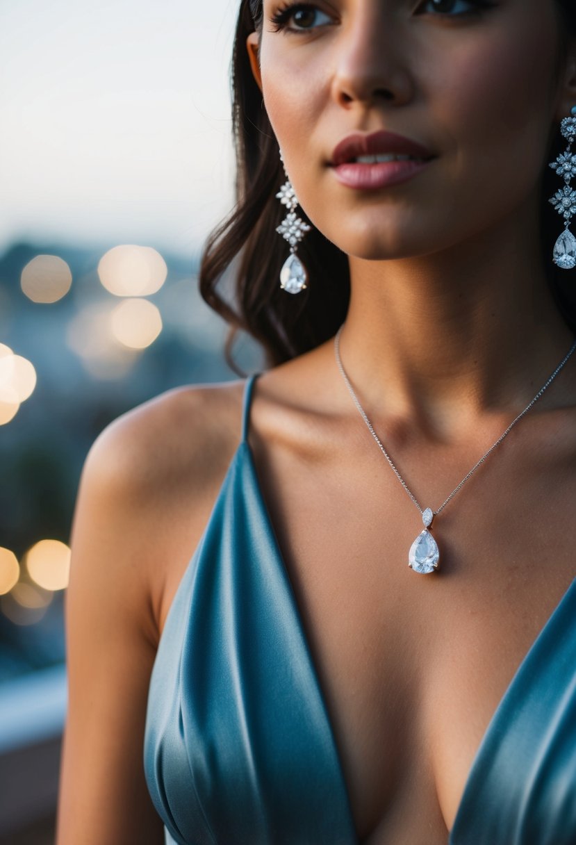 A pair of sparkling diamond earrings dangle elegantly against the backdrop of a deep v-neck dress, catching the light and adding a touch of glamour to the overall look