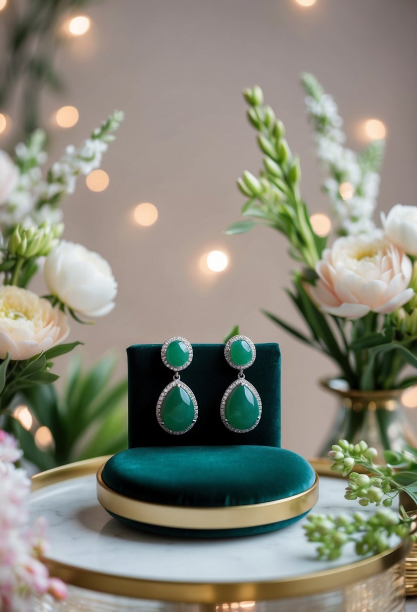 A pair of elegant green jade earrings displayed on a velvet cushion, surrounded by delicate floral arrangements and soft lighting