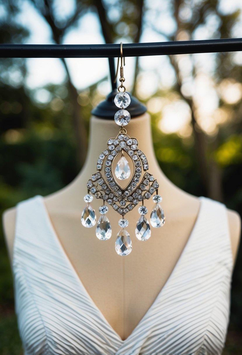 A vintage crystal chandelier earring suspended from a v neck dress