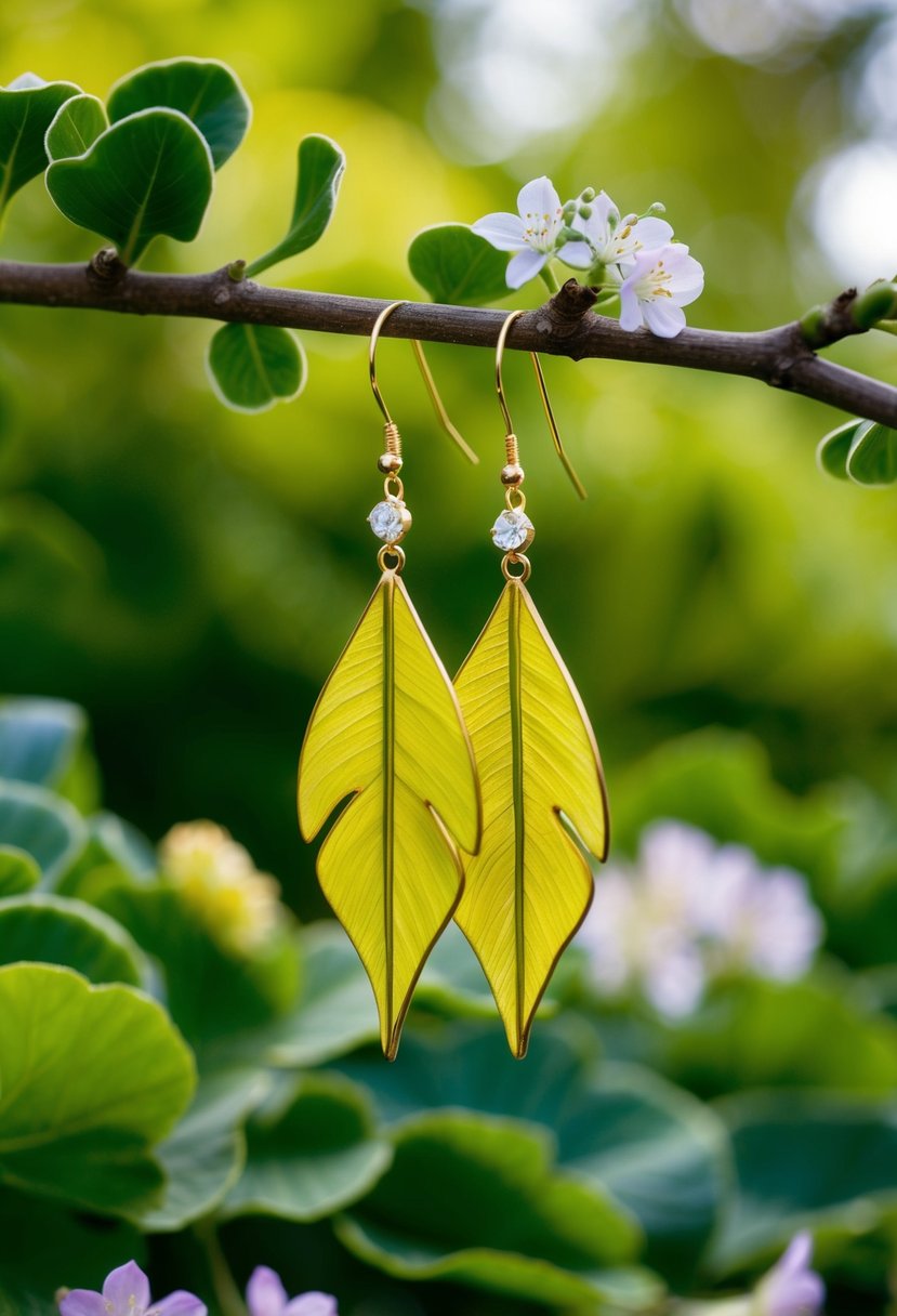 A pair of ginkgo leaf earrings hanging from a branch, surrounded by lush green foliage and delicate flowers