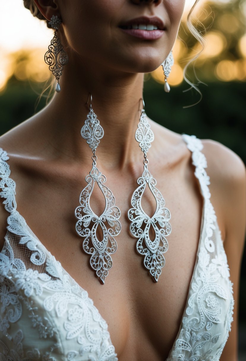 A pair of intricate, handcrafted filigree statement earrings dangle elegantly against the backdrop of a v-neck dress, creating a stunning wedding ensemble