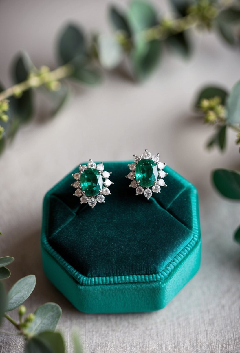 A pair of emerald green CZ wedding earrings displayed on a velvet cushion with soft lighting, surrounded by delicate greenery