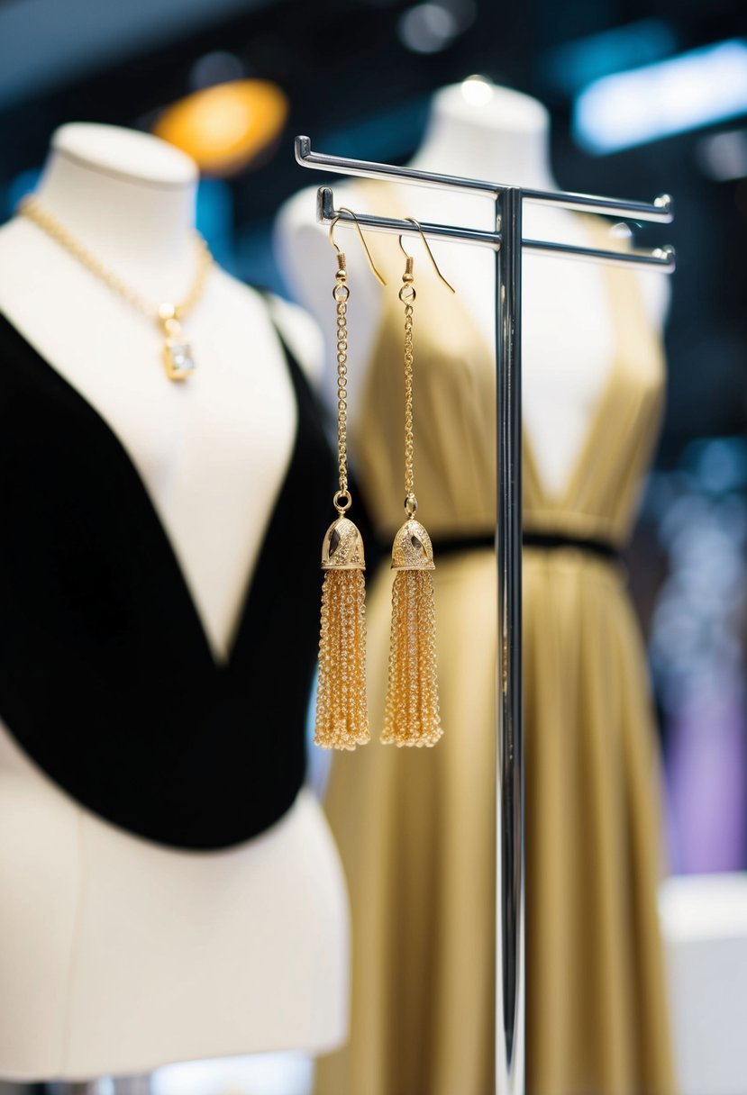 A pair of gold tassel drop earrings hanging from a jewelry stand next to a v-neck dress on a sleek display table