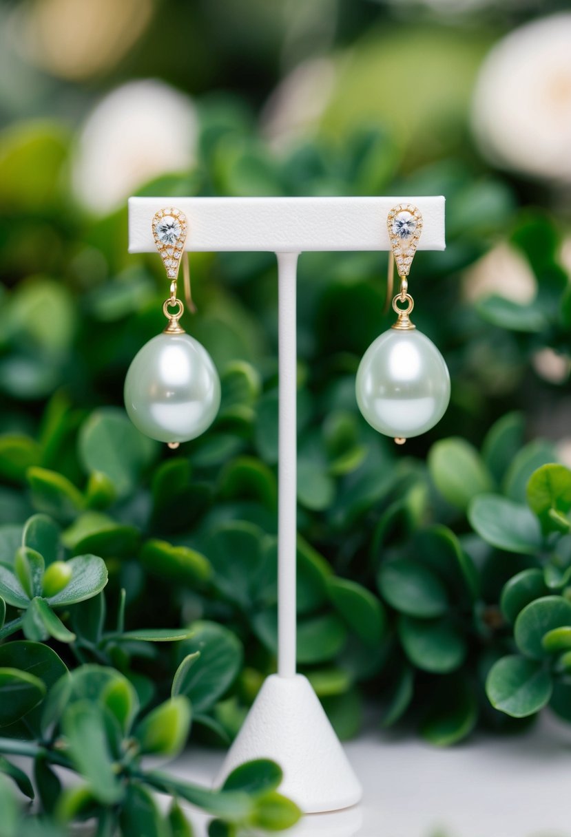 A soft, romantic light green European premium pearl earrings displayed on a delicate earring stand, surrounded by lush greenery