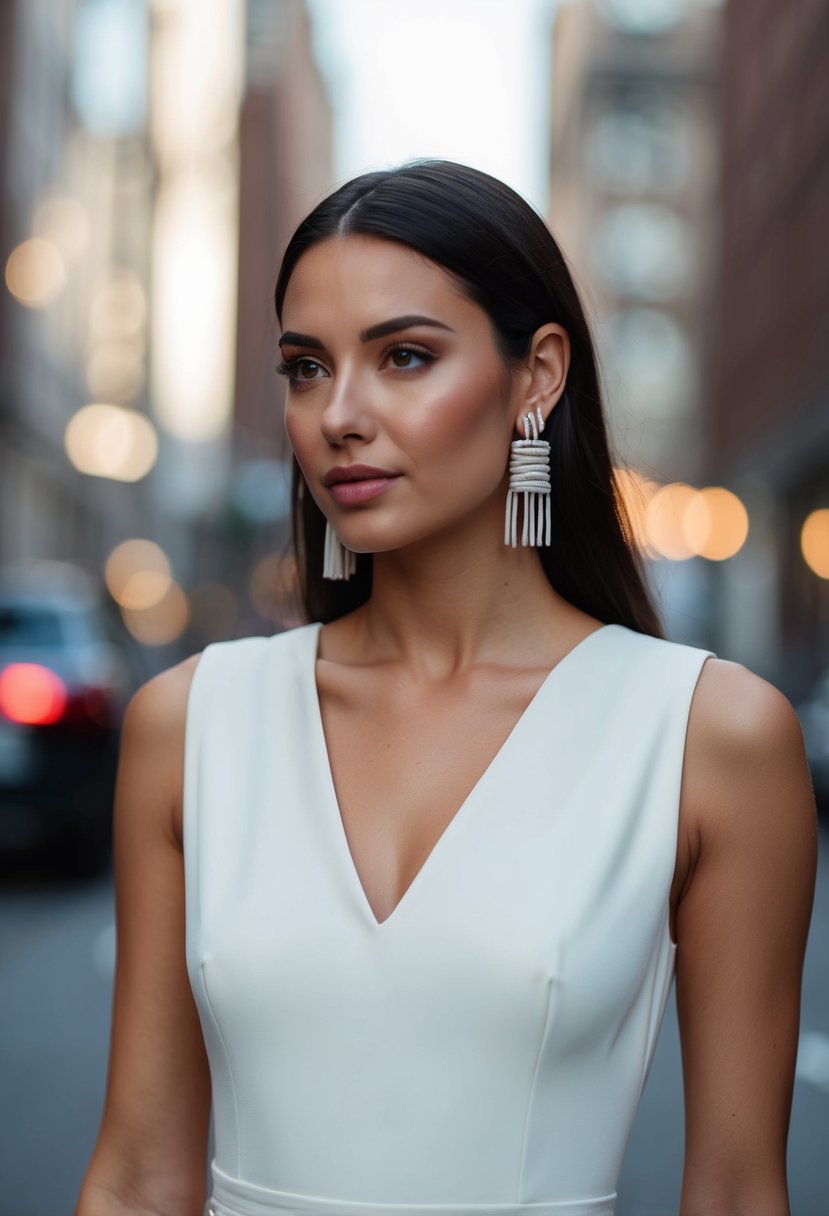 A minimalist v-neck dress with threader earrings