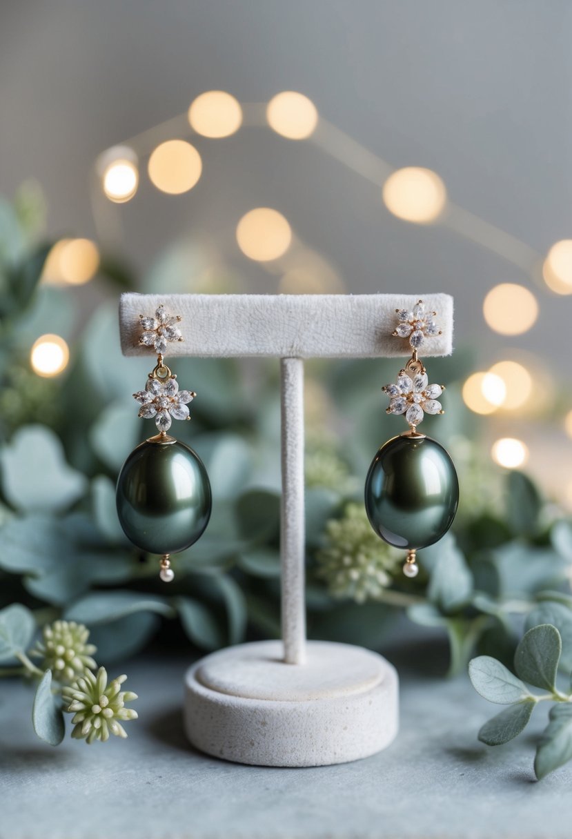 A pair of olive green pearl earrings displayed on a velvet jewelry stand, surrounded by delicate greenery and soft, romantic lighting