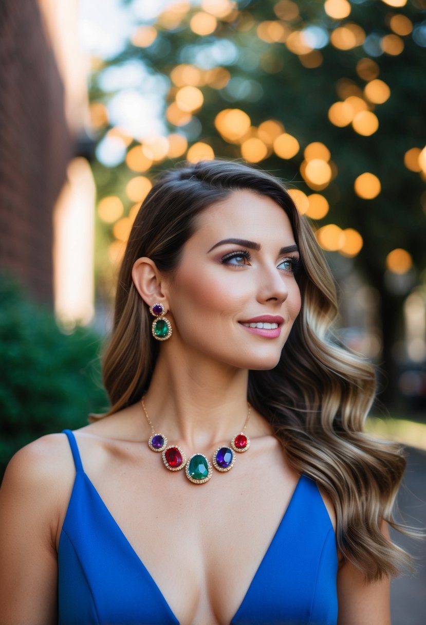 Vibrant gemstone studs paired with a v-neck dress