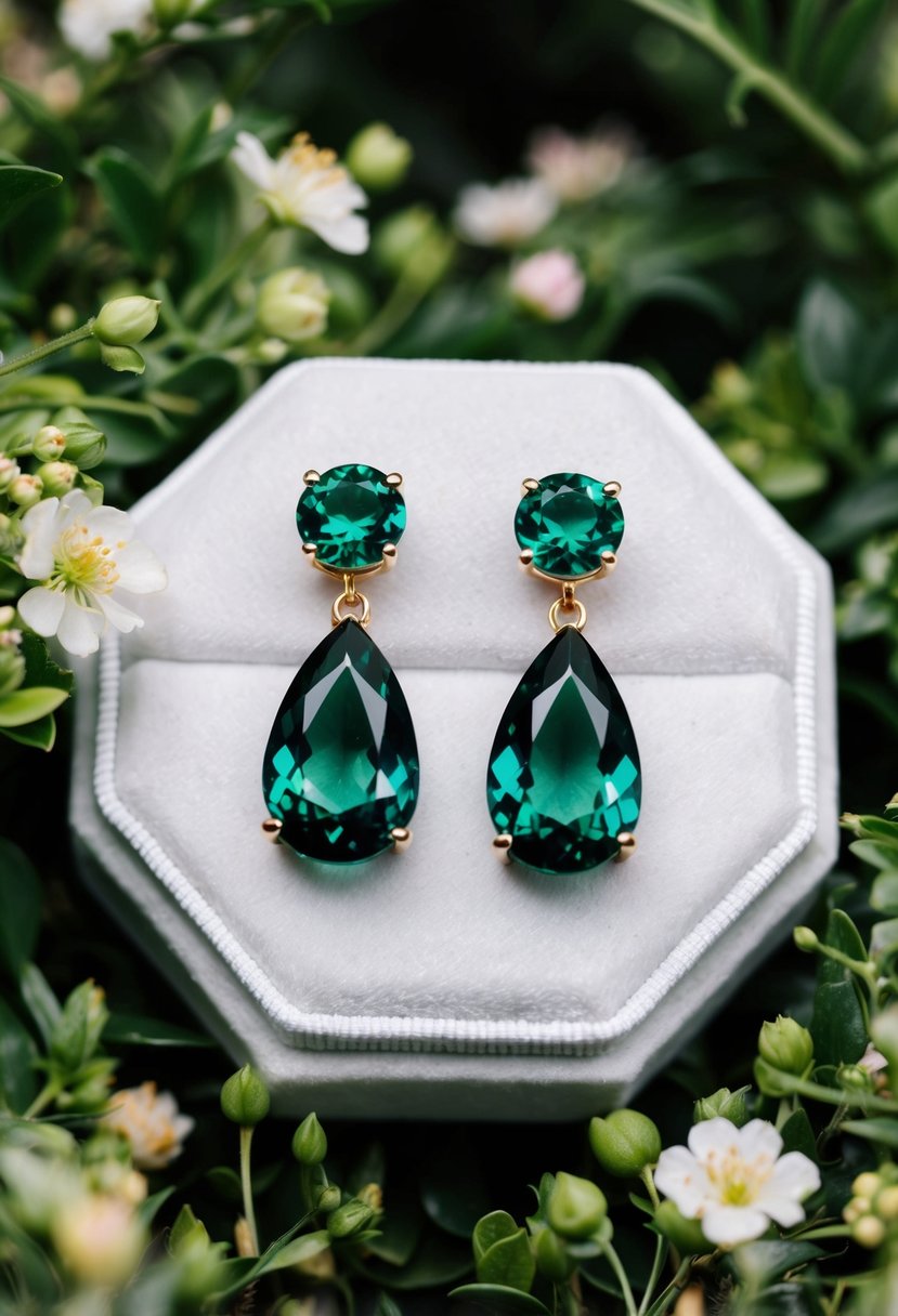 A pair of green amethyst drop earrings displayed on a white velvet cushion, surrounded by lush greenery and delicate flowers