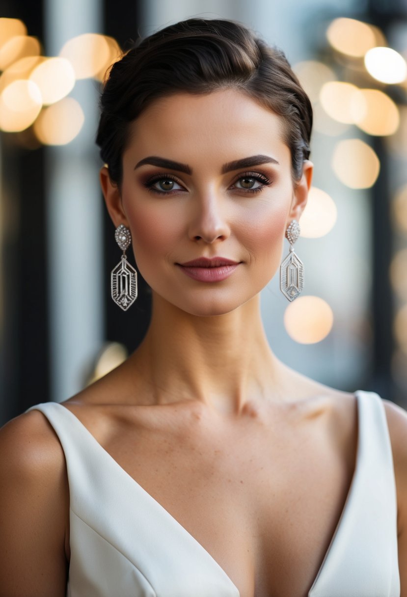 A woman wearing a v-neck dress, showcasing Art Deco style drop earrings