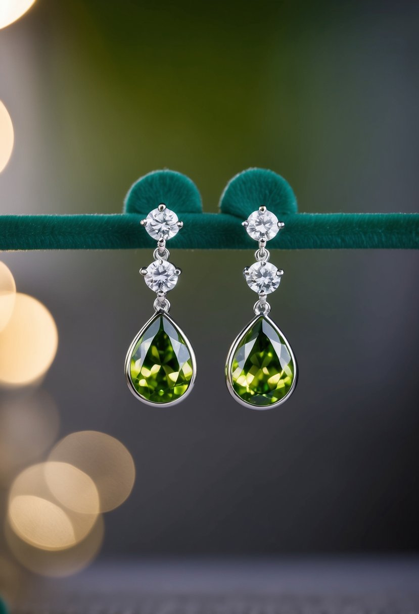 A pair of tsavorite and diamond drop earrings dangle from a velvet jewelry display, catching the light and shimmering with a rich green hue