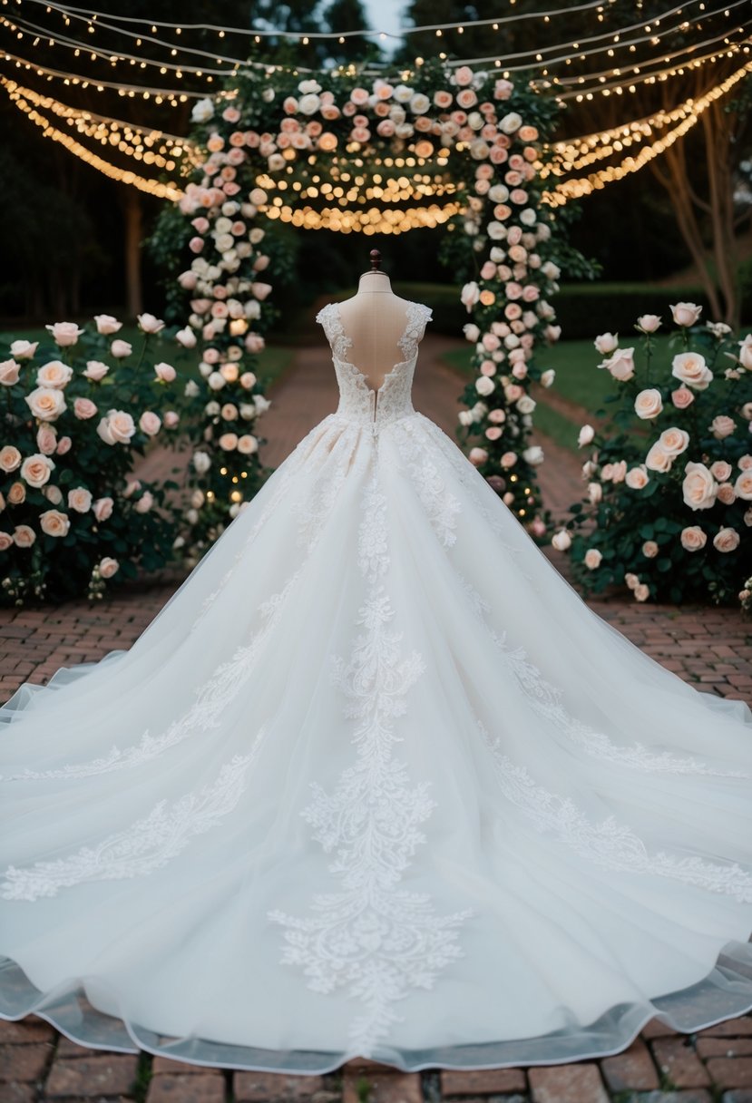 A grand ball gown wedding dress with intricate lace detail and a flowing train, surrounded by blooming roses and twinkling fairy lights