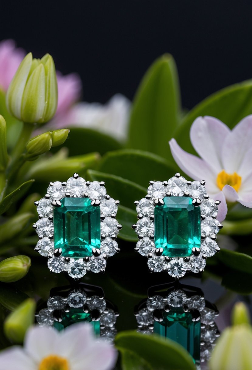 A pair of emerald earrings surrounded by sparkling diamonds, set against a backdrop of lush greenery and blooming flowers