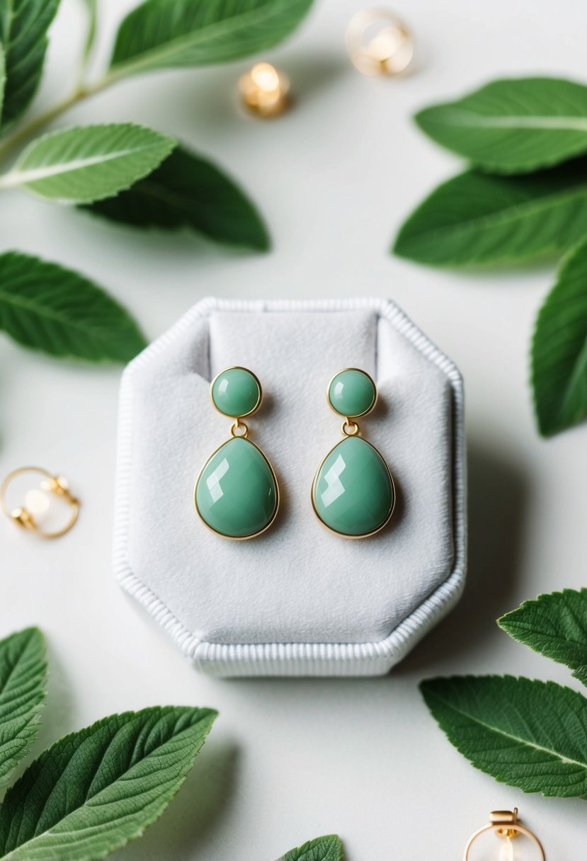 A delicate pair of sage green earrings displayed on a white velvet cushion, surrounded by fresh green leaves and soft natural light