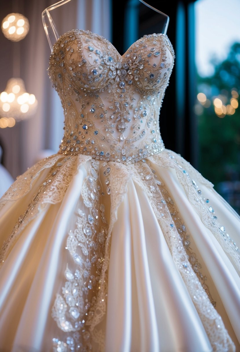 A sparkling ball gown adorned with delicate lace and shimmering crystals, cascading in layers of tulle and satin