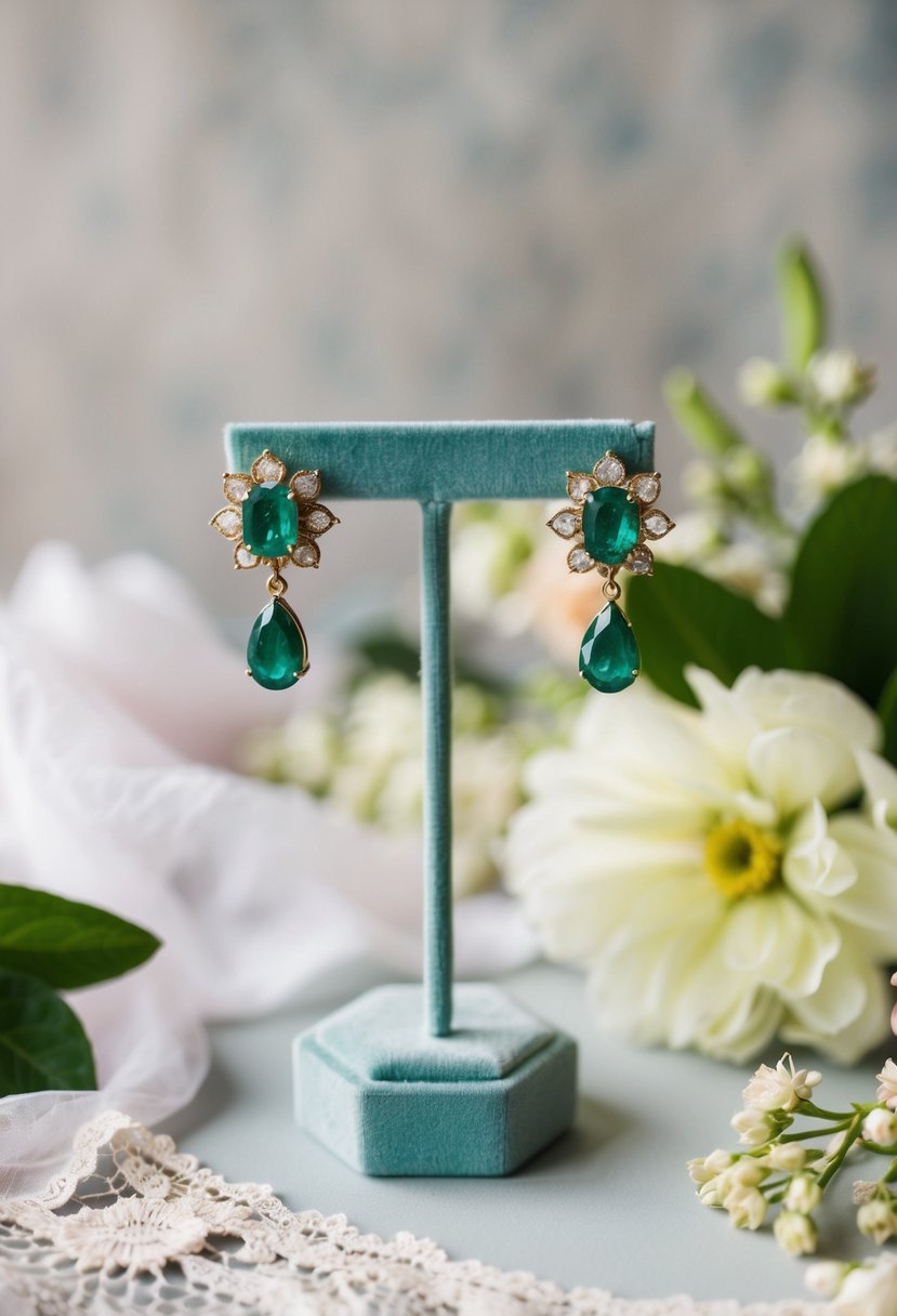 A vintage emerald touch earrings displayed on a velvet jewelry stand, surrounded by delicate lace and floral accents