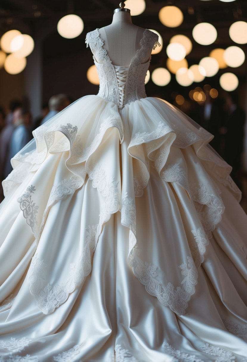 An elegant ball gown with satin and tulle, cascading layers, and intricate lace details