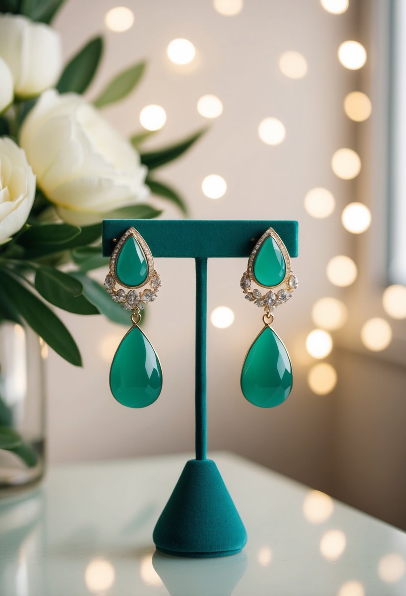 A pair of elegant green drop earrings displayed on a velvet jewelry stand, surrounded by soft, romantic lighting