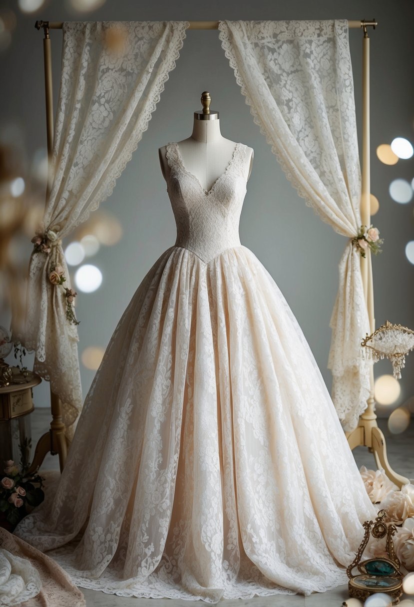 A vintage lace ball gown hangs on a mannequin, surrounded by delicate lace fabrics and antique accessories